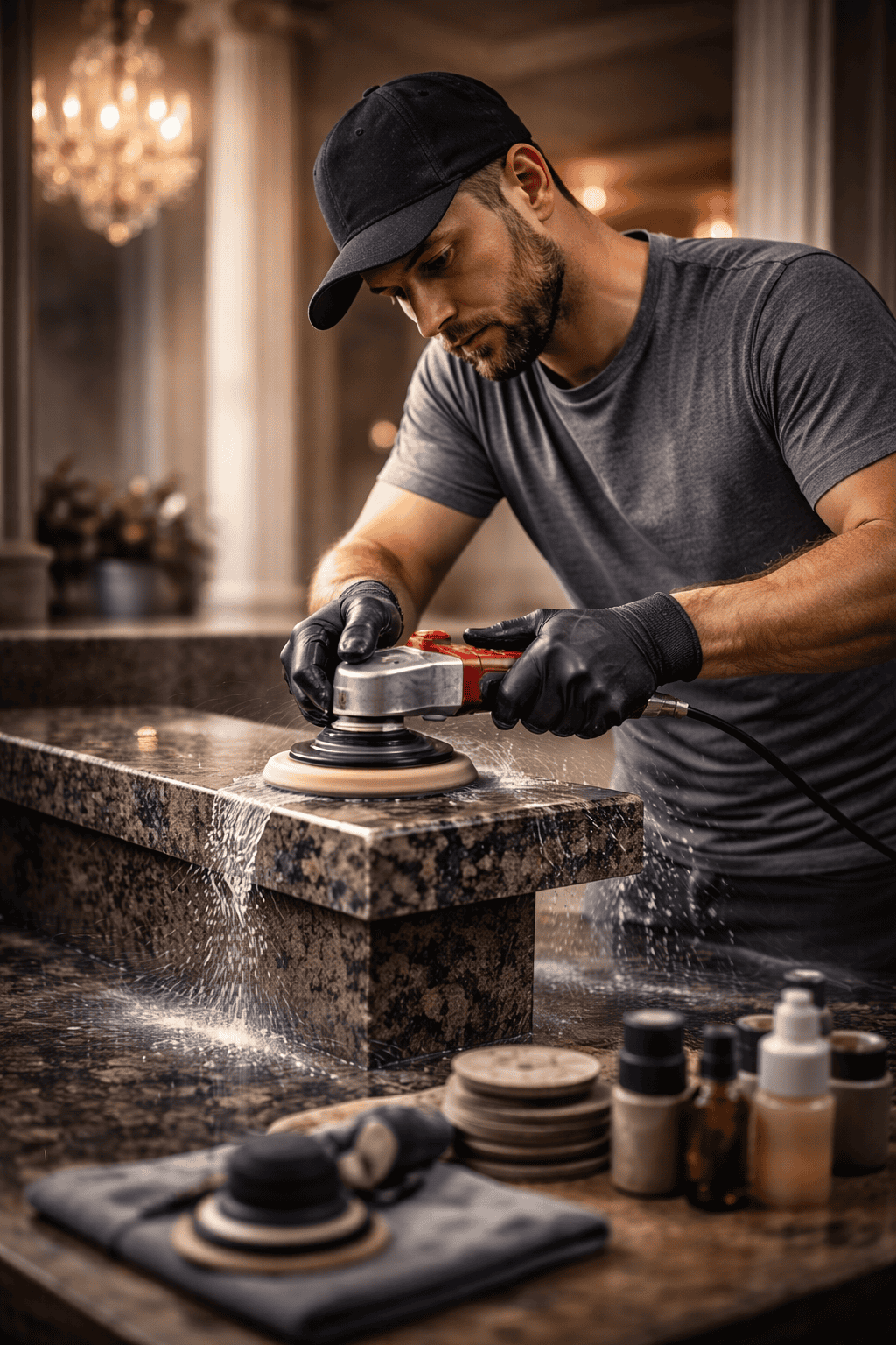 Șlefuitor marmură și granit în acțiune, finisând suprafața de marmură elegantă.