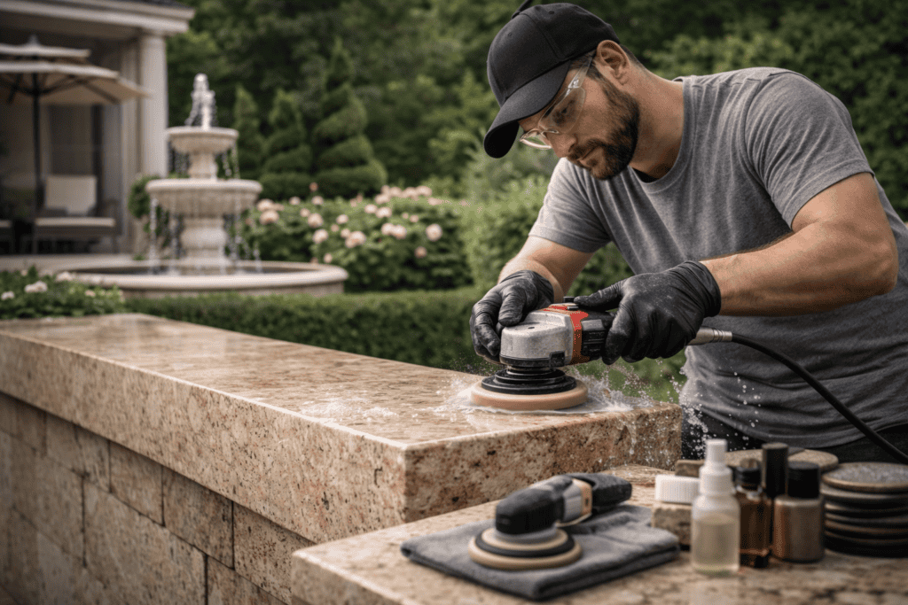 Șlefuitor de marmură și granit în acțiune, finisare profesională pentru suprafețe durabile și elegan.